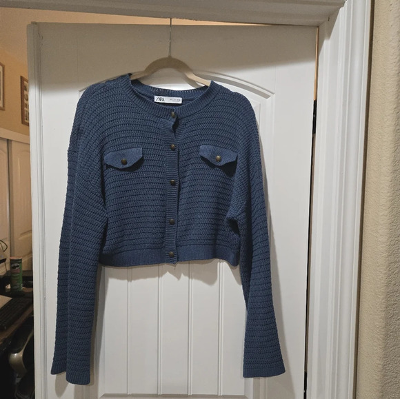 ZARA Crop Knit Cardigan in Blue Size L - Picture 3 of 9